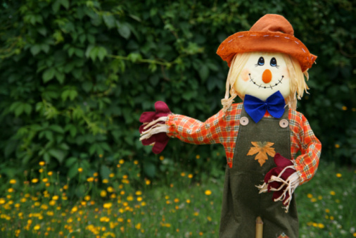 Cute scarecrow wearing hat stands in the garden. Selective focus