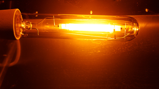high pressure sodium lamp HPS orange light, close-up view