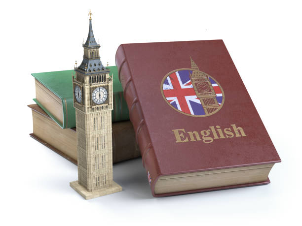 studiowanie i nauka języka angielskiego. książka z flagą wielkiej brytanii i big ben wieża odizolowane na białym. - big ben isolated london england england zdjęcia i obrazy z banku zdjęć
