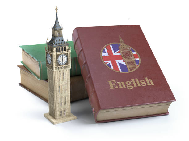 studiowanie i nauka języka angielskiego. książka z flagą wielkiej brytanii i big ben wieża odizolowane na białym. - english dictionary zdjęcia i obrazy z banku zdjęć