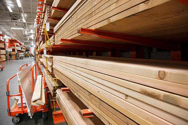 Stacks and stacks of lumber in a large warehouse