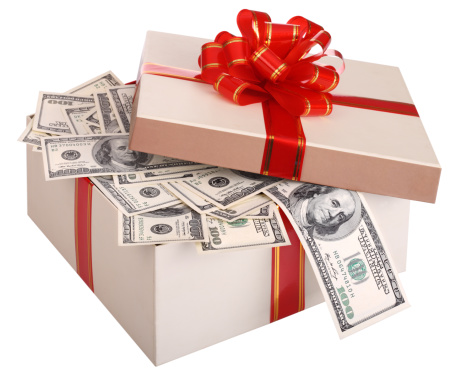 Gift box with banknote of dollar. Isolated.