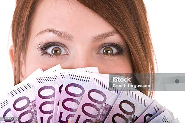 Счастливая Женщина С Группой Денег — стоковые фотографии и другие картинки Европейская валюта - Европейская валюта, Счастье, Белый