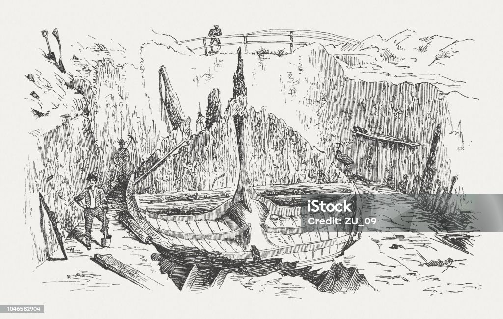 Gokstad Viking ship excavation, Gokstad Mound, 1880, woodcut, published 1885 The Gokstad ship is a 9th-century Viking ship found in a burial mound at Gokstad in Sandar, Sandefjord, Vestfold, Norway. It is the largest preserved Viking ship in Norway and is currently on display at the Viking Ship Museum in Oslo. Numerous replicas proved the maritime capability of the Viking ships. Wood engraving, published in 1885. Viking Ship stock illustration