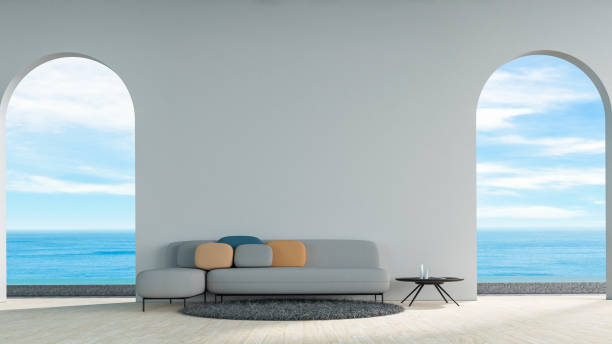 istock Modern living room pastel tone sea view 3d rendering 1046583074