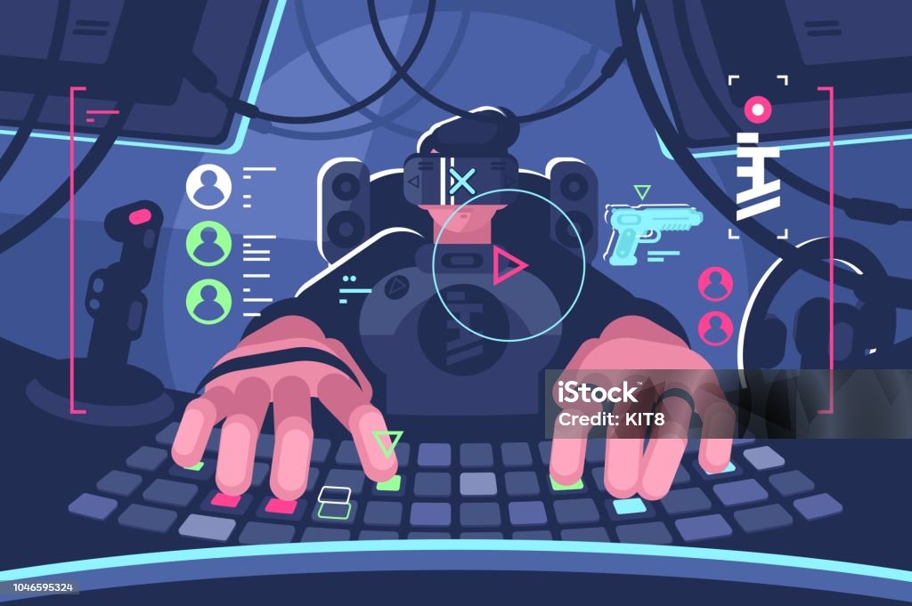 Professional virtual reality computer gamer person professional virtual reality computer gamer person. Man in vr glasses playing online game on pc. Flat style. Horizontal. Vector illustration. Video Game stock vector