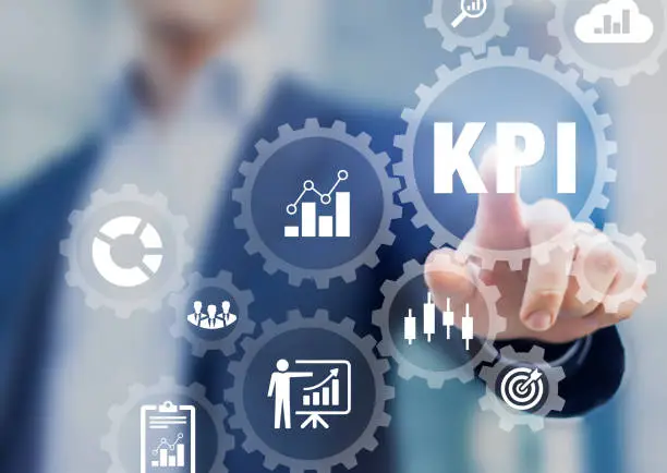 Photo of KPI Key Performance Indicators presentation, business development strategy, metrics measuring production, sales, efficiency against planned targeted achievements, BI consultant touching icons