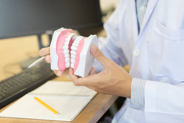 istock close up dentist hand holding teeth model denture for explain correct of treatment inside oral and give information of dental knowledge to patient at clinic office , dentistry medical concept 1046602512