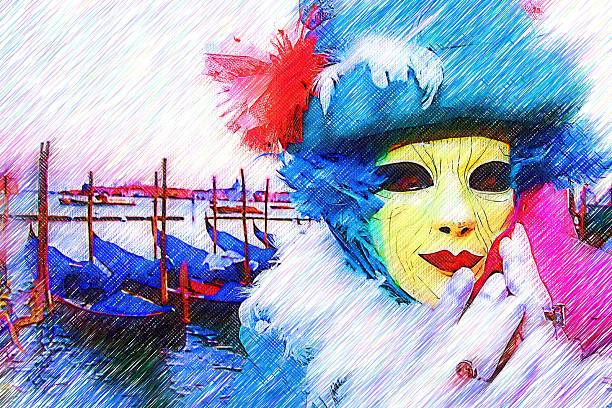 close up of a beautiful traditional yellow and black Venetian mask on the street of Venice