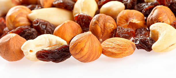 Mixed nuts and dried fruit stock photo
