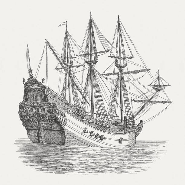 genueński statek handlowy (połowa xvi wieku), grawerowanie drewna, opublikowane w 1885 roku - retail occupation stock illustrations