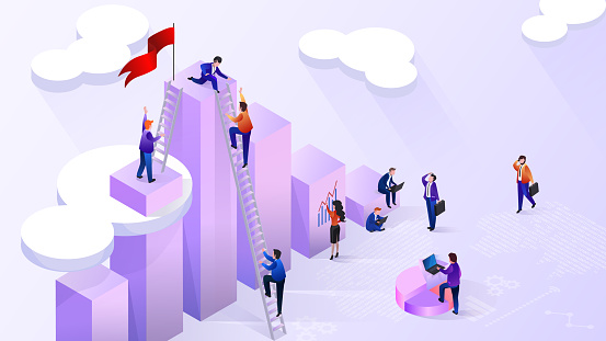 Working With Financial Statistics, Using Big Data Analysis Isometric Vector Concept with Business People Making Financial Calculations, Climbing on Top of Infographics Column with Ladder Illustration