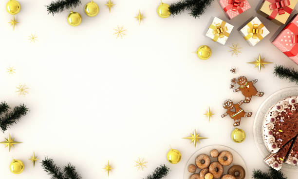 istock 3d illustration,3d rendering,copy space or work space for your text in birthday party and Christmas party concept with desserts , gift box , stars on white background 1046613570