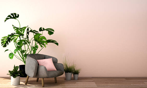 istock 3d rendering,3d illustration,interior design for living area or reception in modern style with armchair , table,plant on wood floor and white wall 1046613578
