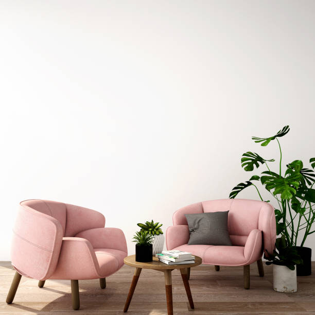 istock 3d rendering,3d illustration,interior design for living area or reception in modern style with armchair , table,plant on wood floor and white wall 1046613954