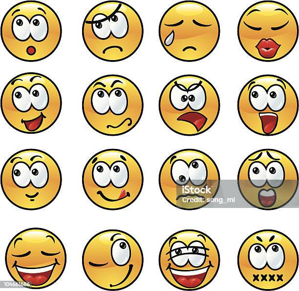 A Set Of Sixteen Smiley Emojis Stock Illustration - Download Image Now - Sneering, Winking, Abstract