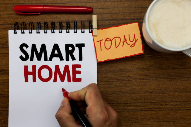 istock Text sign showing Smart Home. Conceptual photo automation system control lighting climate entertainment systems Man holding marker notebook clothespin reminder wooden table cup coffee. 1046618128