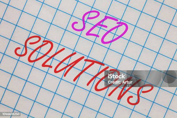 Word Writing Text Seo Solutions Business Concept For Search Engine Result Page Increase Visitors By Rankings Notebook Squared Page Scholar Background Space Communicate Ideas Messages Stock Photo - Download Image Now