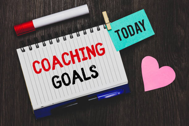 istock Writing note showing Coaching Goals. Business photo showcasing Empowers individuals Encourages them to take responsibility Open notebook pin holding reminder marker heart wooden background. 1046618382