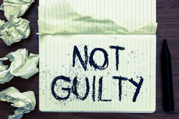 istock Word writing text Not Guilty. Business concept for someone is innocent didnt commit specific crime He free Open notebook page crumpled papers ripped pages several tries mistakes. 1046619038