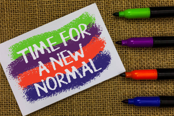 istock Word writing text Time For A New Normal. Business concept for Make a big dramatic change Replace the expected Colorful waves with white page and texts color marker laid in line on jute sack. 1046619918