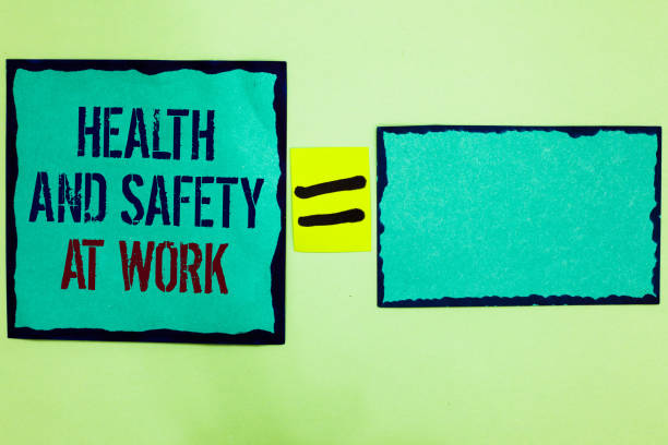 istock Handwriting text writing Health And Safety At Work. Concept meaning Secure procedures prevent accidents avoid danger Black bordered blue page written on texts another blank mid yellow equal. 1046619966