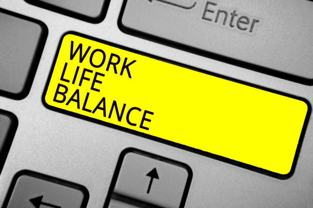istock Handwriting text writing Work Life Balance. Concept meaning Division of time between working or family and leisure Ashy computer keyboard with yellow button black color texts. 1046620166