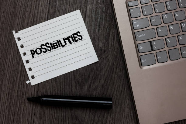 istock Word writing text Possibilities. Business concept for Things that may happen or be the case State of being possible Laptop nice computer notebook netbook pen small pitch paper pen wood. 1046620420