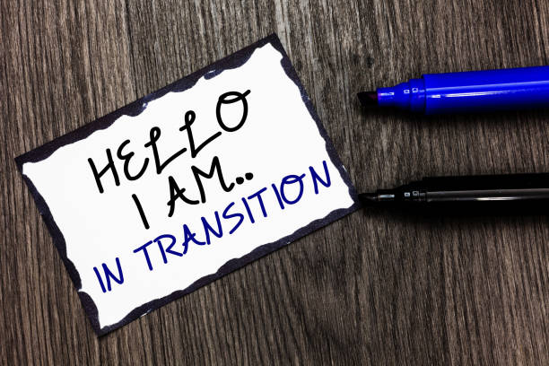 istock Word writing text Hello I Am.. In Transition. Business concept for Changing process Progressing planning new things Black bordered page with texts laid black and blue pen on wooden floor. 1046620448
