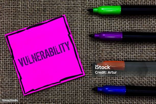 Writing Note Showing Vulnerability Business Photo Showcasing Information Susceptibility Systems Bug Exploitation Attacker Marker Pens Art Pink Paper Nice Mat Love Thought Black Shadow Memories Stock Photo - Download Image Now
