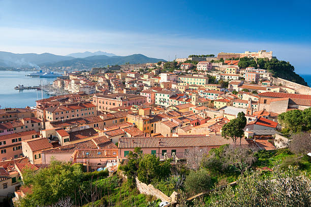 Portoferraio, Isle of Elba, Tuscany. View of Portoferraio, with the old fortress and  the Villa of Napoleon. Tuscany, italy. livorno stock pictures, royalty-free photos & images