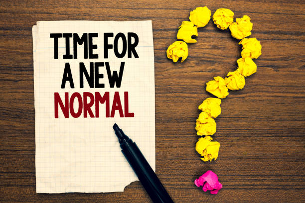 istock Word writing text Time For A New Normal. Business concept for Make a big dramatic change Replace the expected Written torn page touch black pen yellow paper lob form question on woody deck. 1046622820