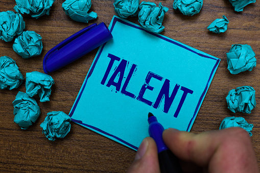 Text sign showing Talent. Conceptual photo Natural abilities of people showing specialized skills they possess Cyan paper object thoughts crumpled papers ideas mistakes several tries