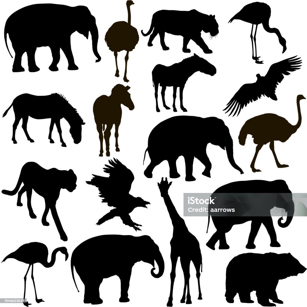 Silhouette elephant tiger bear giraffe flamingo pelican goose on a white background Silhouette elephant bear eagle trot duck zebra parrot on a white background. In Silhouette stock vector