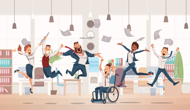 šťastní kancelářští dělníci skáčou. vektorové ilustrace. - aranžování stock ilustrace