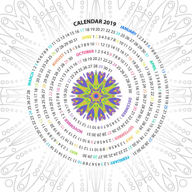 istock Archimedean spiral calendar for 2019 year. with round mandala floral pattern. Vintage style template for your design. 1046624656