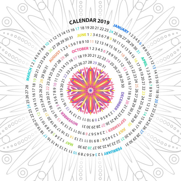 istock Archimedean spiral calendar for 2019 year. with round mandala floral pattern. Vintage style template for your design. 1046624680
