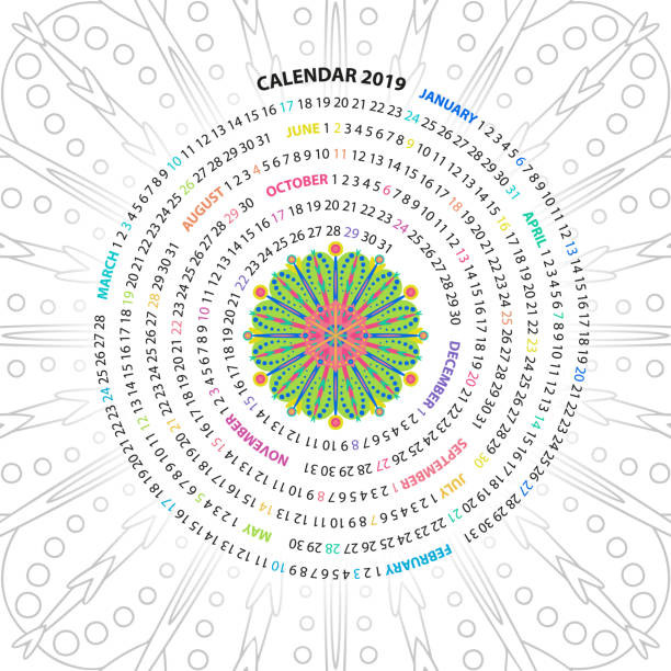 istock Archimedean spiral calendar for 2019 year. with round mandala floral pattern. Vintage style template for your design. 1046631334