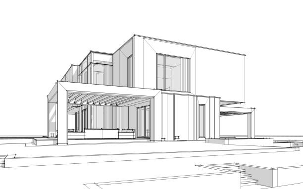 istock 3d rendering sketch of modern cozy house black line sketch. 1046637944