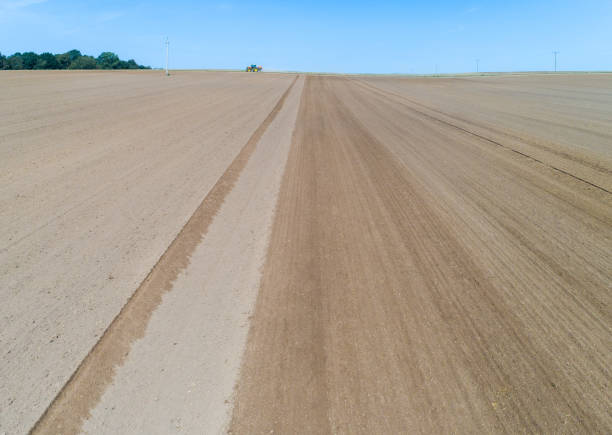 istock Tractor harrownig the large brown field 1046642760