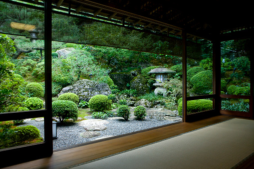 Japanese garden seen from inside a traditional tatami room.