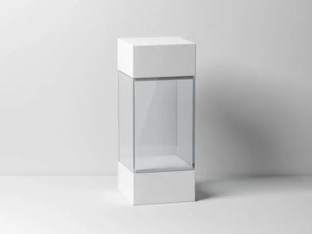 Empty plastic glass box package mockup for exhibit, 3d rendering