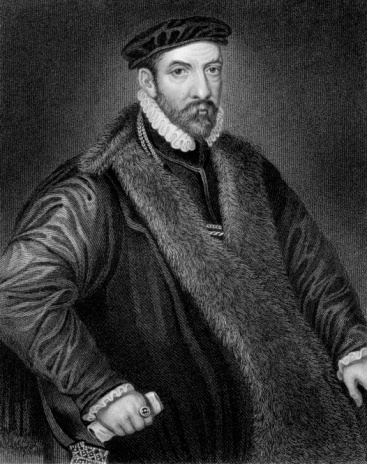 This vintage engraving depicts the portrait of Sir Nicholas Bacon (1510 - 1579), English politician and Lord Keeper of the Great Seal during the reign of Queen Elizabeth I. He was father to the philosopher Sir Francis Bacon. Engraved by W. H. Mote after a painting by Zucchero (1529 - 1566). Published in an 1835 collection of English portraits, it is now in the public domain.