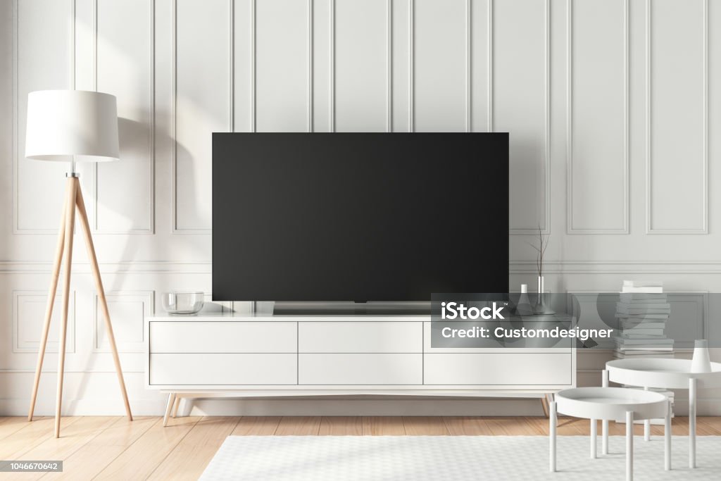 Large modern Smart Tv Mockup on white consоle in beautiful living room Large modern Smart Tv Mockup on white consоle in beautiful living room. 3d rendering Television Set Stock Photo