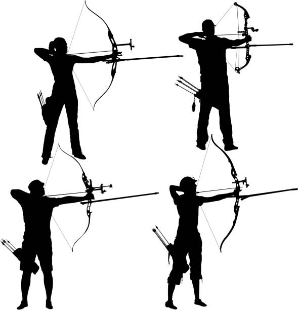 ilustrações, clipart, desenhos animados e ícones de silhueta definida atraente archer masculino e feminino, um arco de flexão e mirando no alvo - archery