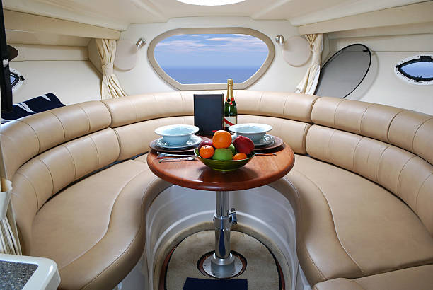 interior of luxury yacht cabin stock photo