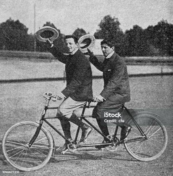 Tandem Bikers Stock Photo - Download Image Now - Archival, Retro Style, Old-fashioned