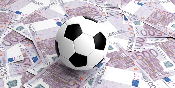 3d rendering soccer ball on 500 euros banknotes background