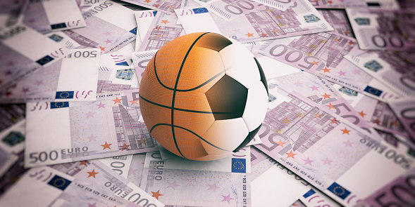 3d rendering soccer-basket ball on 500 euros banknotes background