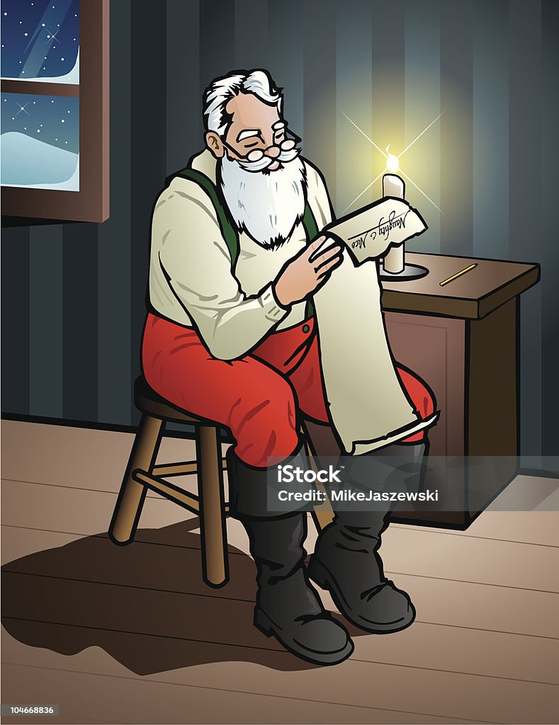 Santa Working on His List Santa in his workshop, reviewing his "Naughty and Nice" list by candlelight Santa Claus stock vector